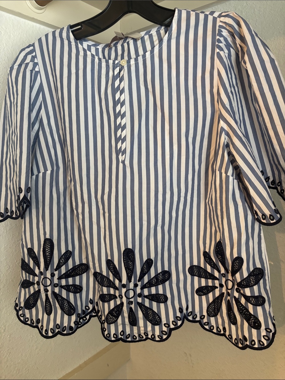 LOFT Blue and White Striped Embroidered Peasant Tunic